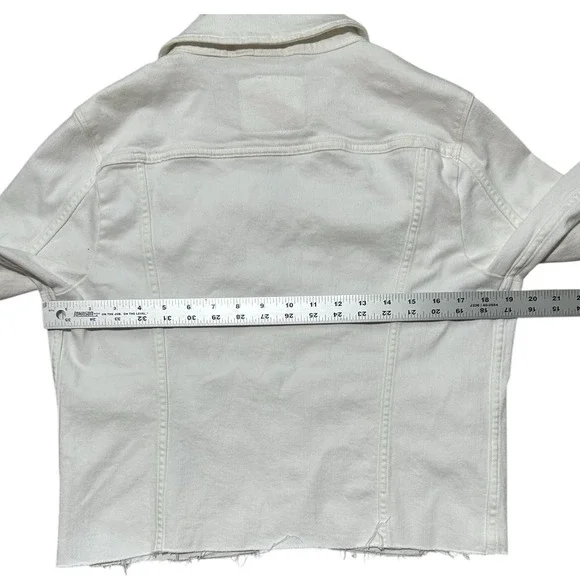 LEVI'S White Denim Trucker Jacket Women sz L Cropped Raw Hem - See Notes - Picture 5 of 11